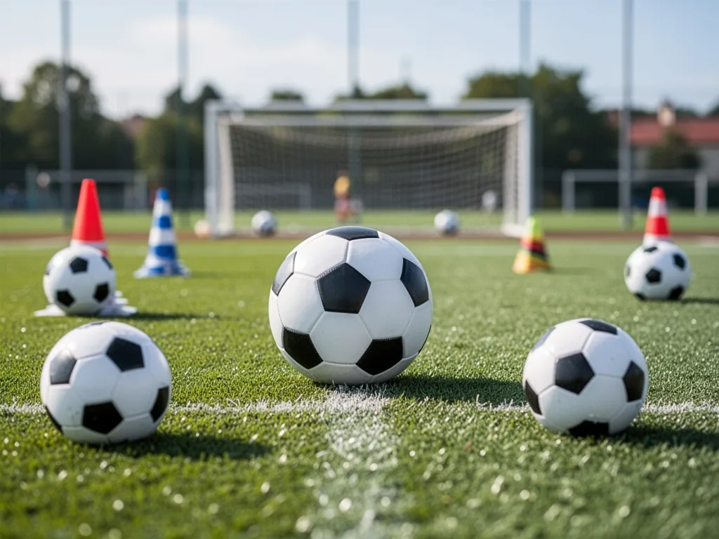 Un jeune footballeur en tenue d'entraînement qui tape dans un ballon sur un terrain synthétique, vu de dos, avec un plot