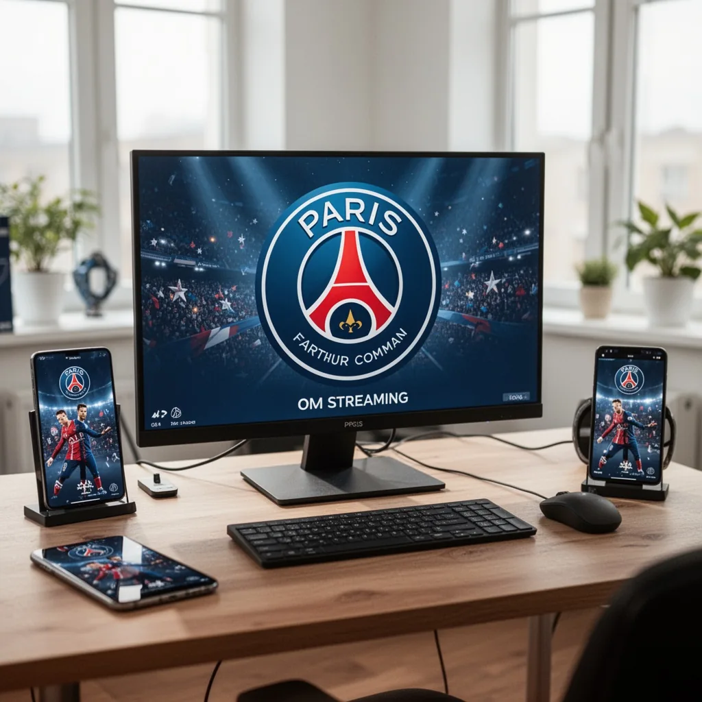 Un écran diffuse le Classique OM-PSG, avec un maillot de l'OM et un maillot du PSG posés à côté, symbolisant le streaming et