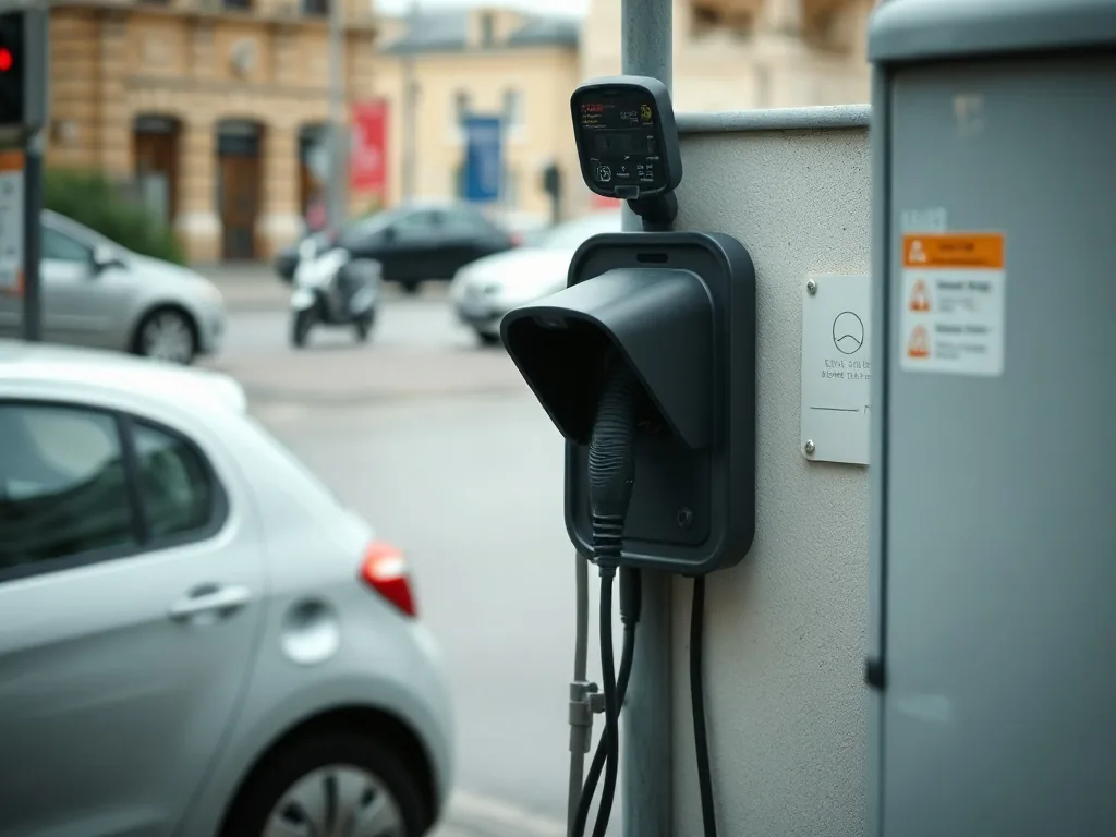 Une voiture électrique branchée sur une borne de recharge dans une rue de Pau, avec le blason du Pau FC en surimpression