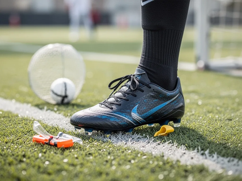Un stade de football bondé où un arbitre lève la main pour signaler une vérification VAR, les supporters retiennent leur